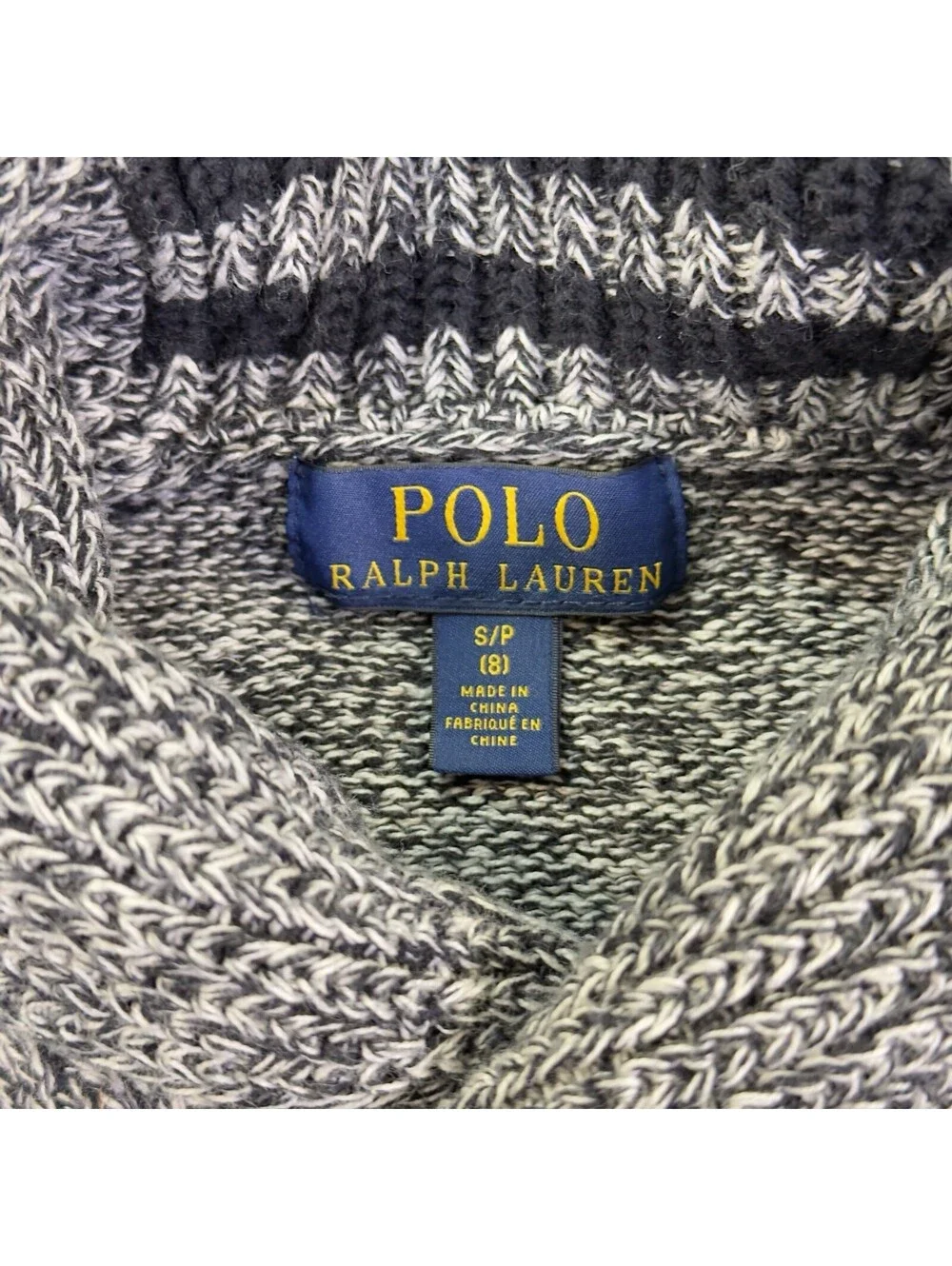 Polo Ralph Lauren Boys Shawl Collar Sweater Size 8 BL/WH Cotton Marled Knit